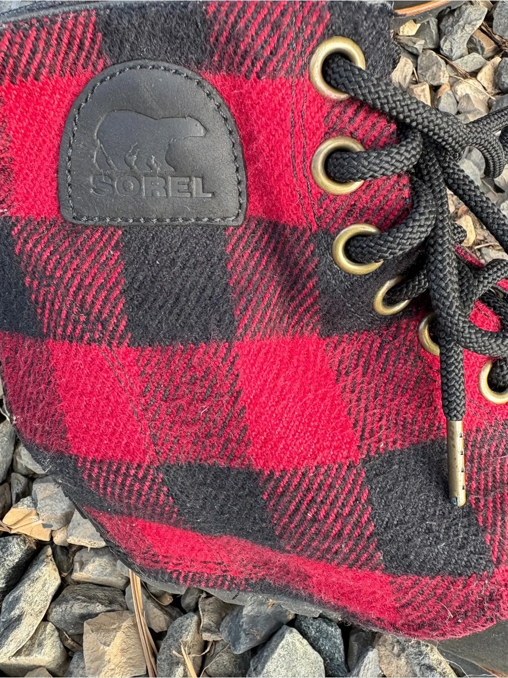 Sorel Black Leather and Red Buffalo Plaid Wedge Lace-Up Boots